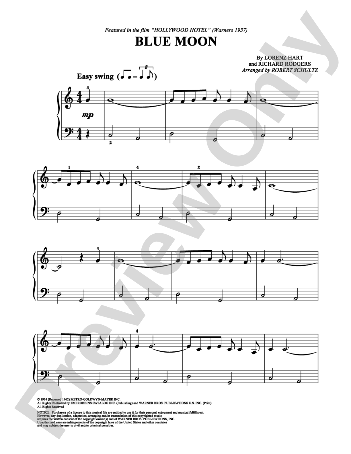 Blue Moon: Easy Piano Digital Sheet Music