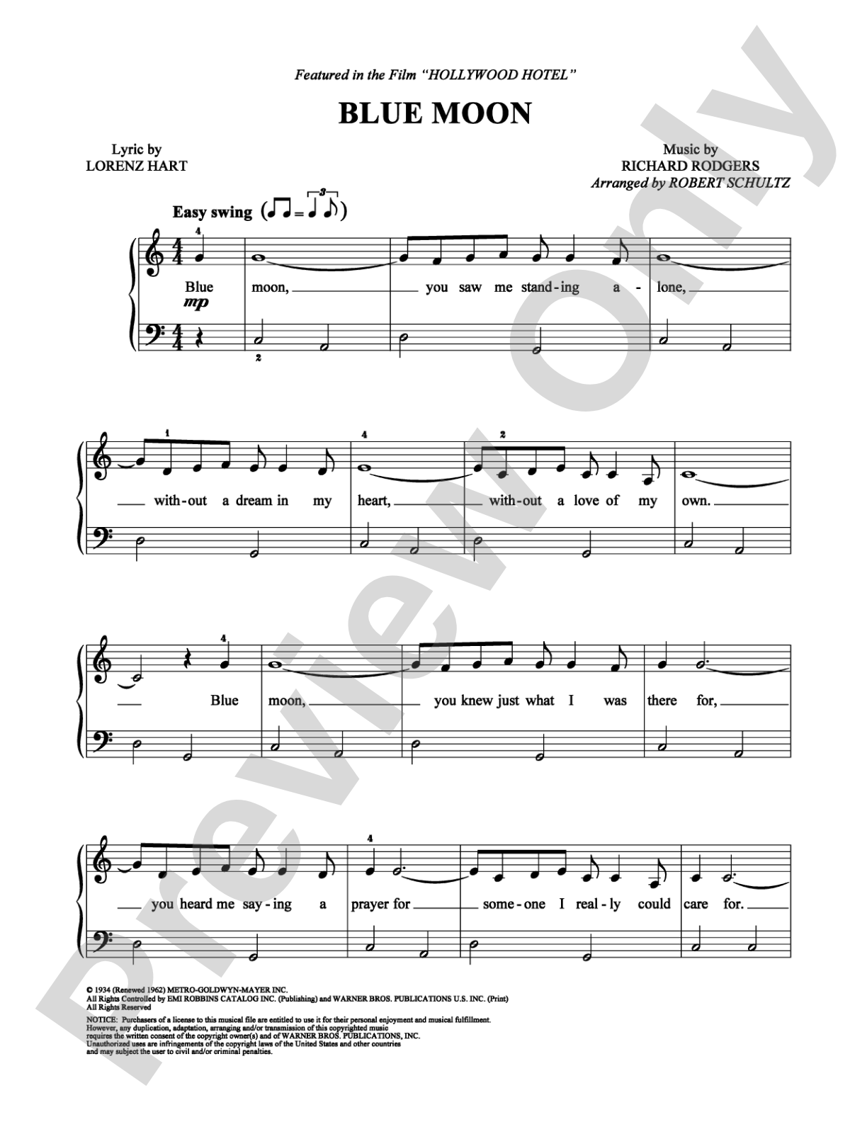 Blue Moon: Easy Piano Digital Sheet Music