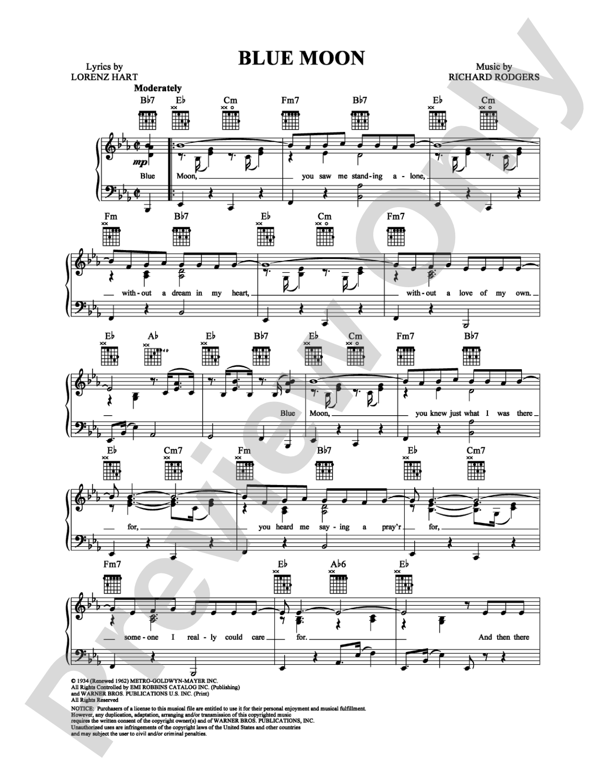 Blue Moon: Piano/Vocal/Chords Digital Sheet Music