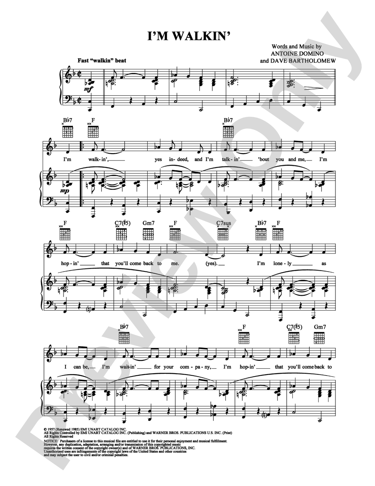 I'm Walkin': Piano/Vocal/Chords Digital Sheet Music