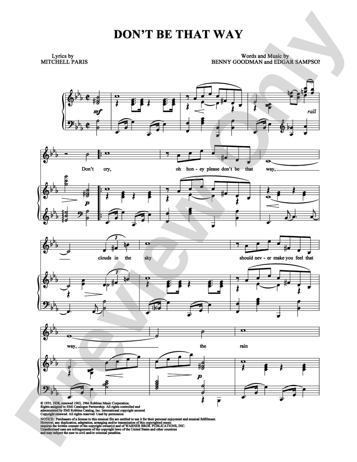 Don't Be That Way: Piano/Vocal/Chords Digital Sheet Music