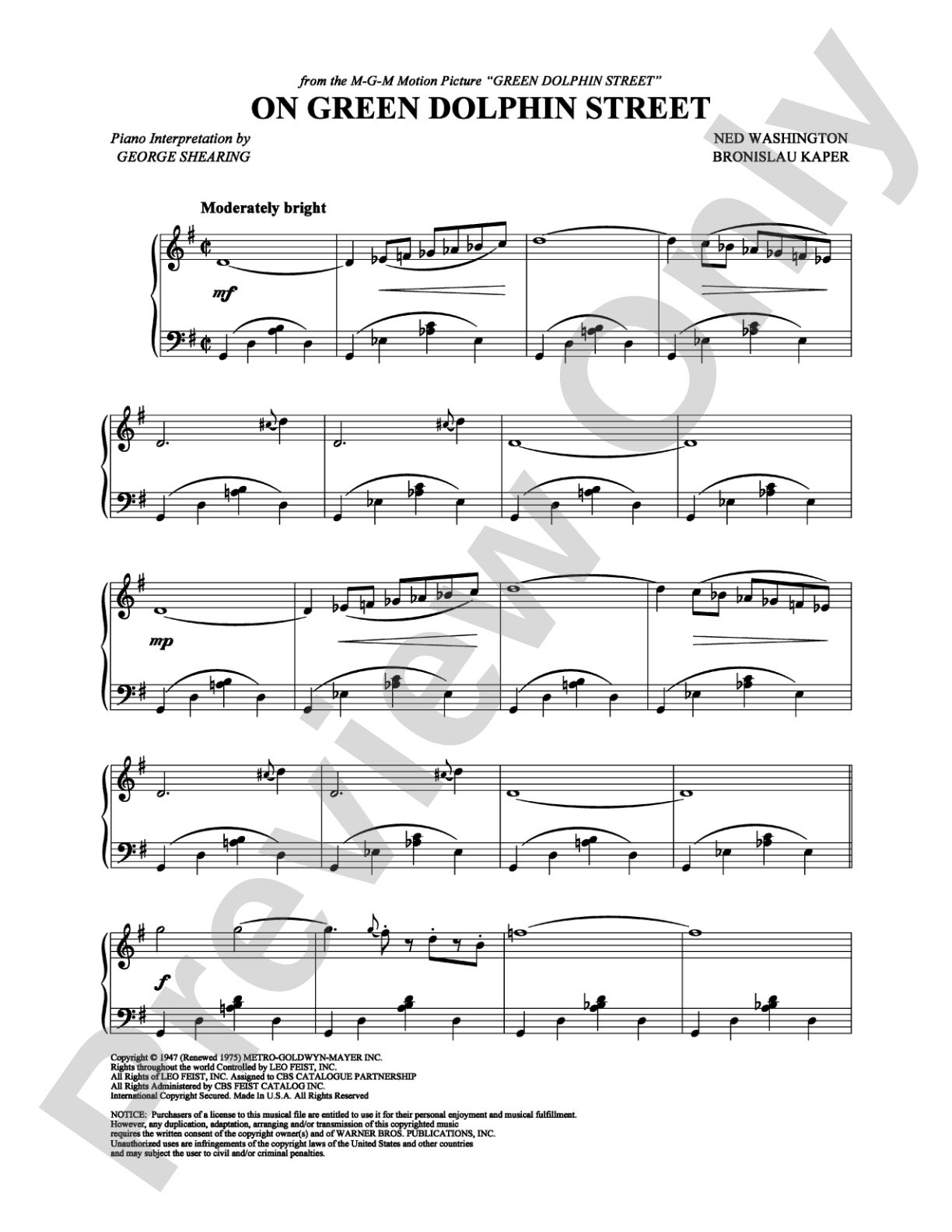 On Green Dolphin Street: Piano Digital Sheet Music