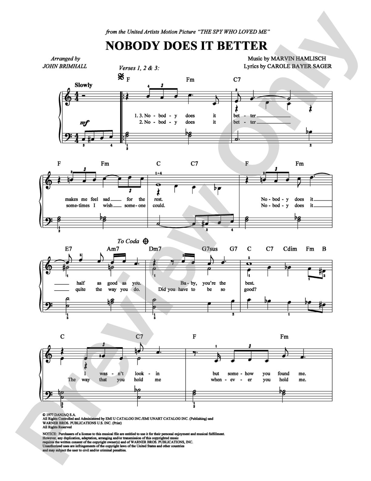 Nobody Does It Better: Easy Piano Digital Sheet Music