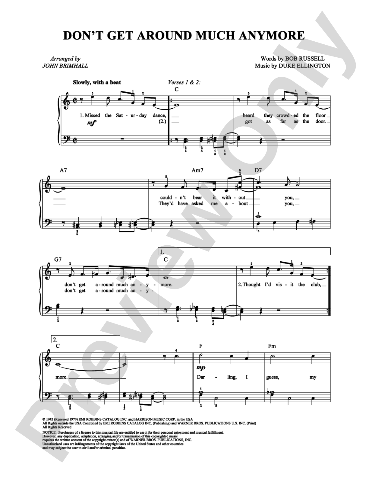 Don't Get Around Much Anymore: Piano/Vocal/Chords Digital Sheet Music