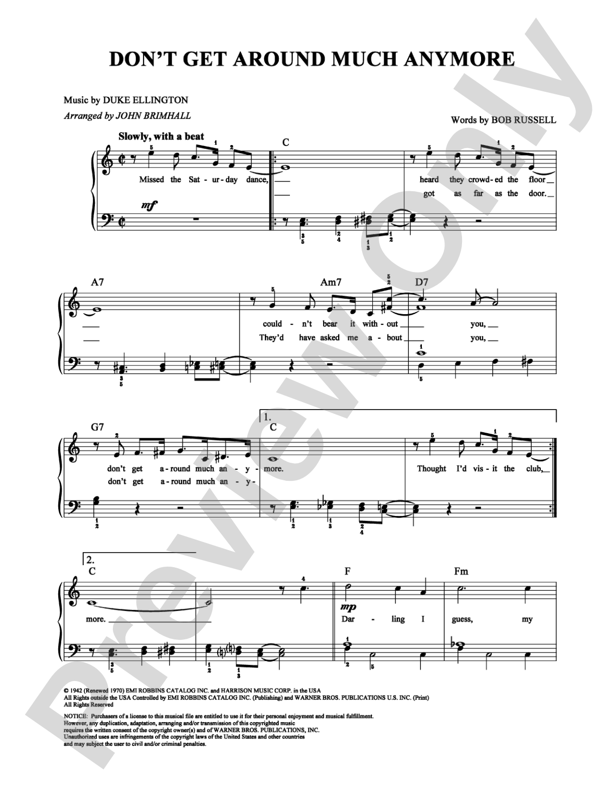 Don't Get Around Much Anymore: Easy Piano Digital Sheet Music