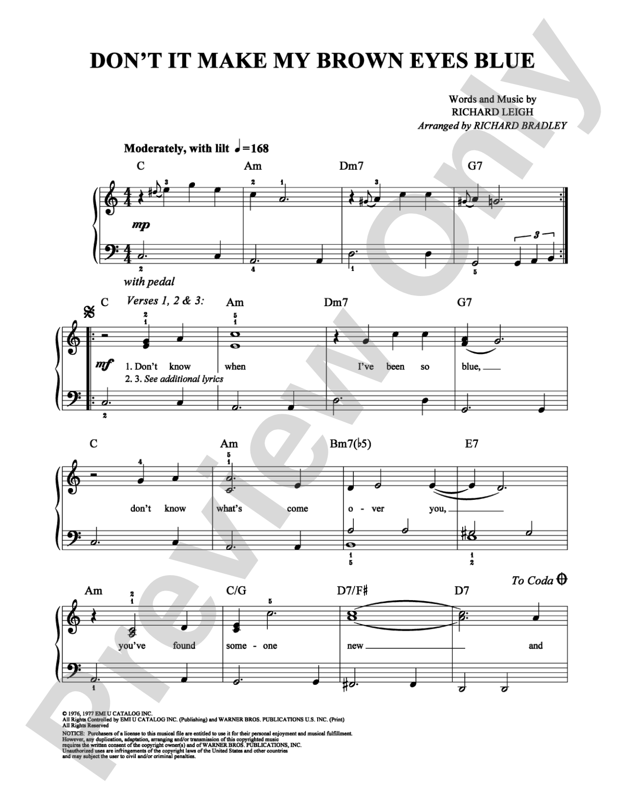 Don't It Make My Brown Eyes Blue: Easy Piano Digital Sheet Music