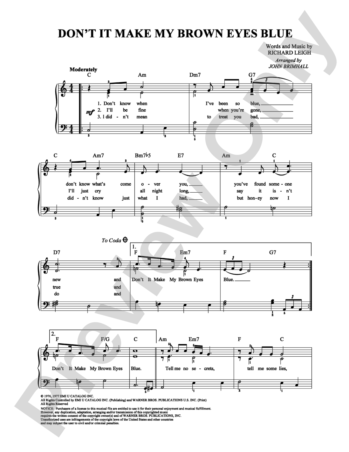 Don't It Make My Brown Eyes Blue: Easy Piano Digital Sheet Music