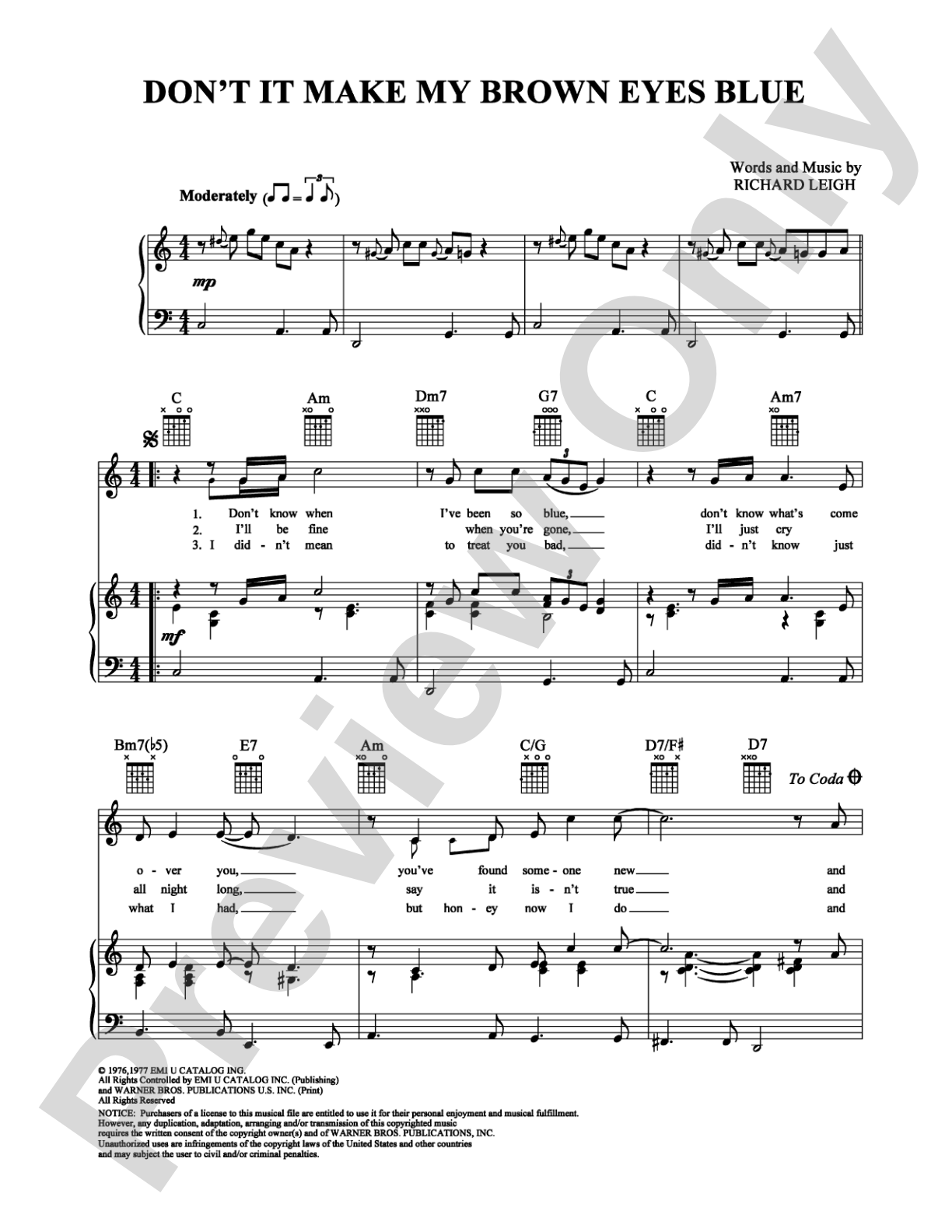 Don't It Make My Brown Eyes Blue: Piano/Vocal/Chords Digital Sheet Music