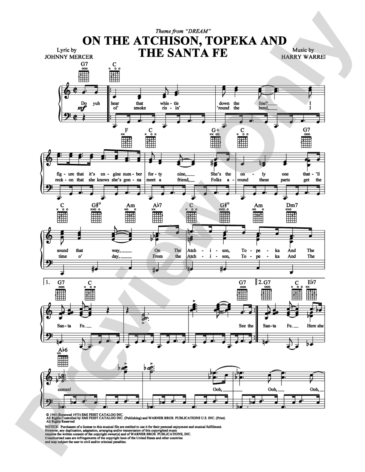 On the Atchison, Topeka and the Santa Fe: Piano/Vocal/Chords Digital Sheet Music