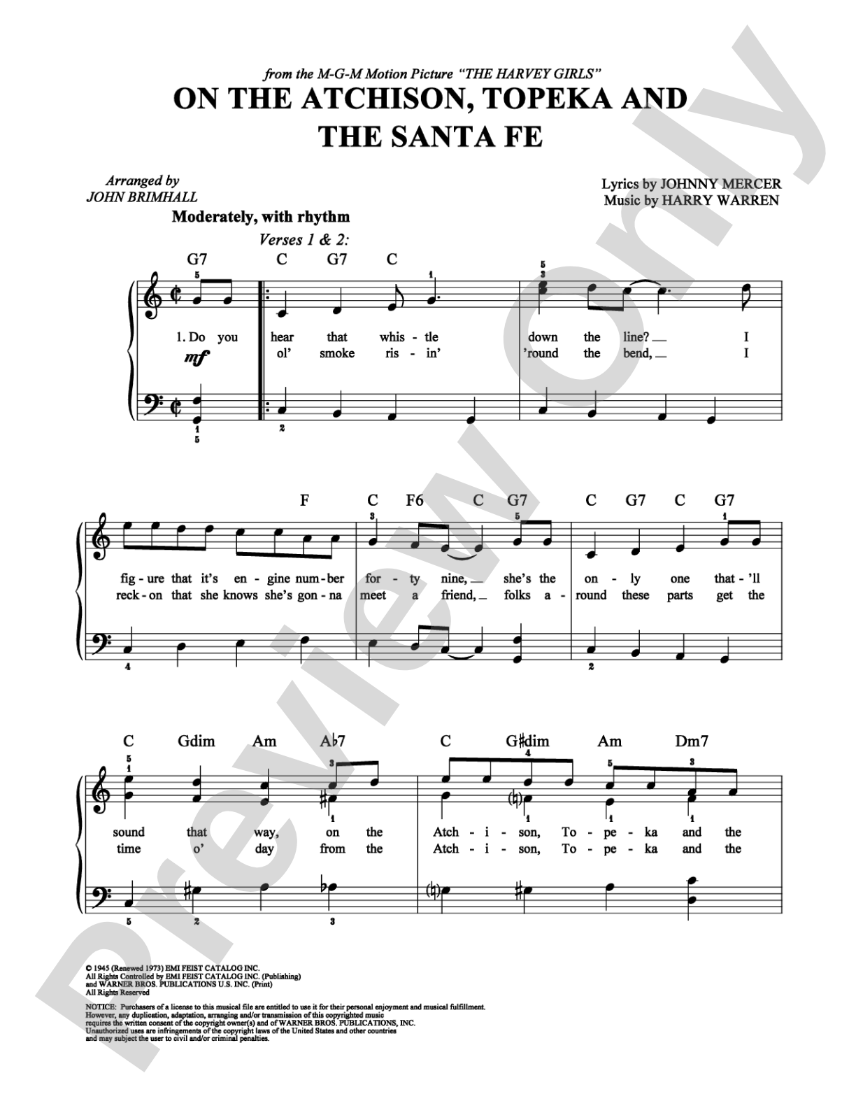 On the Atchison, Topeka and the Santa Fe: Easy Piano Digital Sheet Music