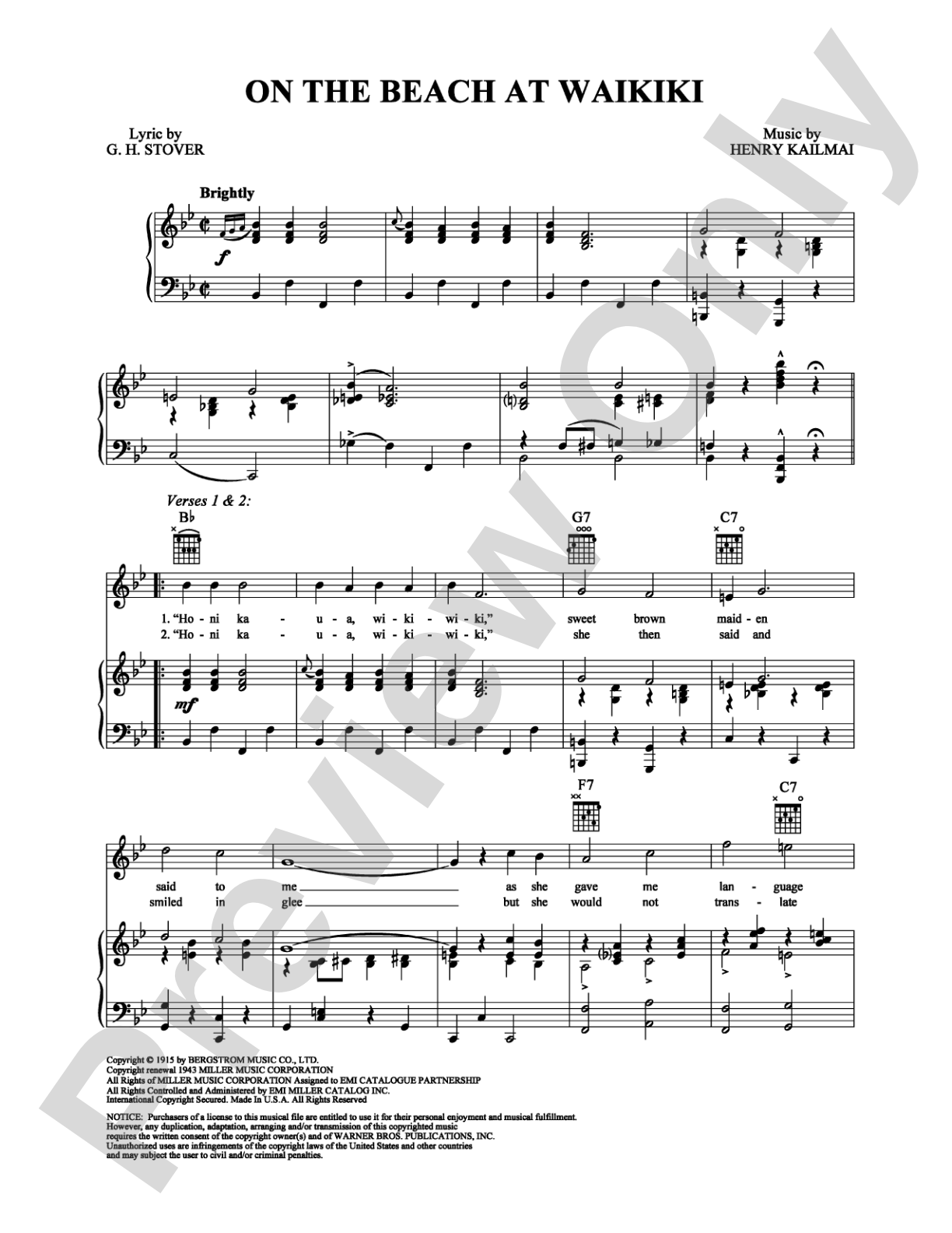 On the Beach at Waikiki: Piano/Vocal/Chords Digital Sheet Music