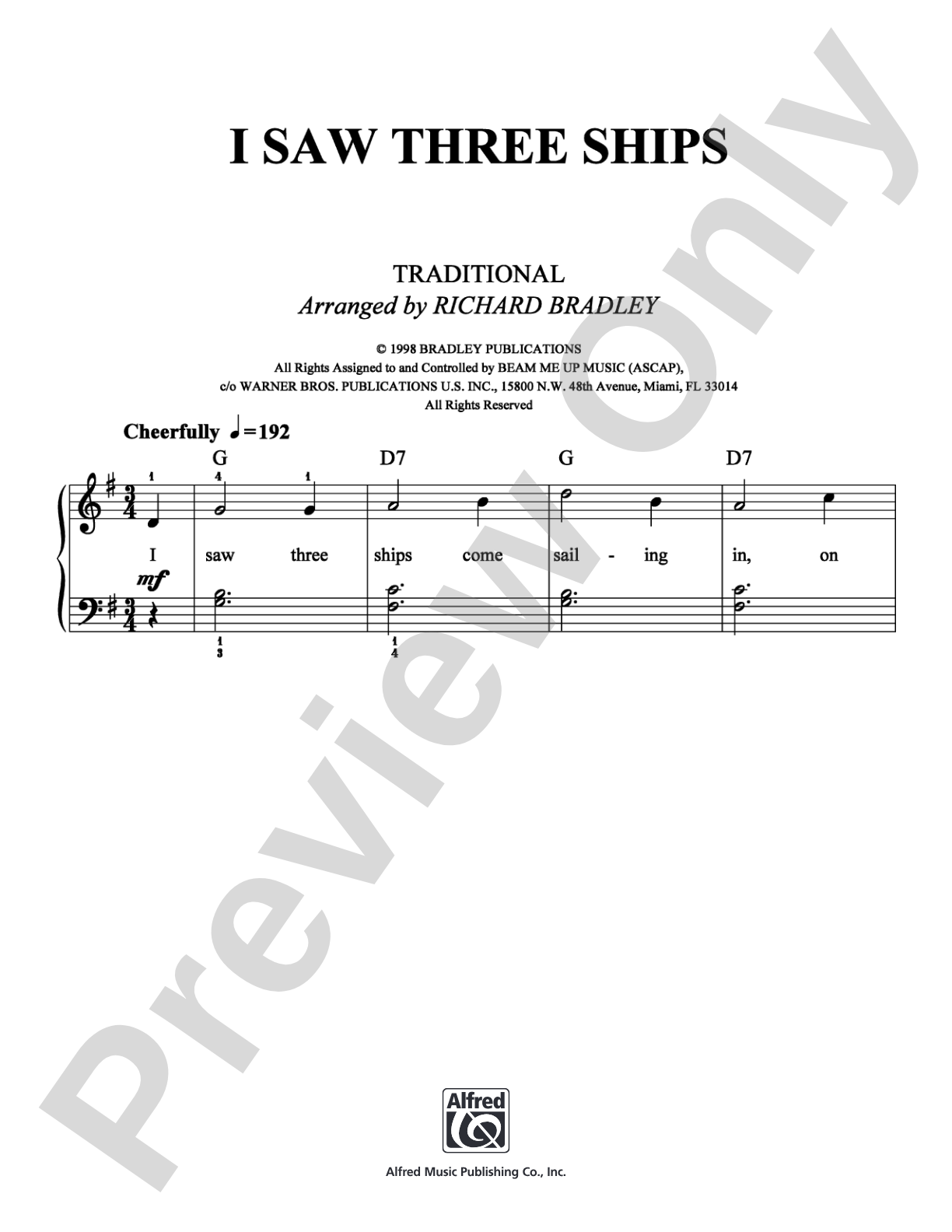 I Saw Three Ships: Easy Piano Digital Sheet Music