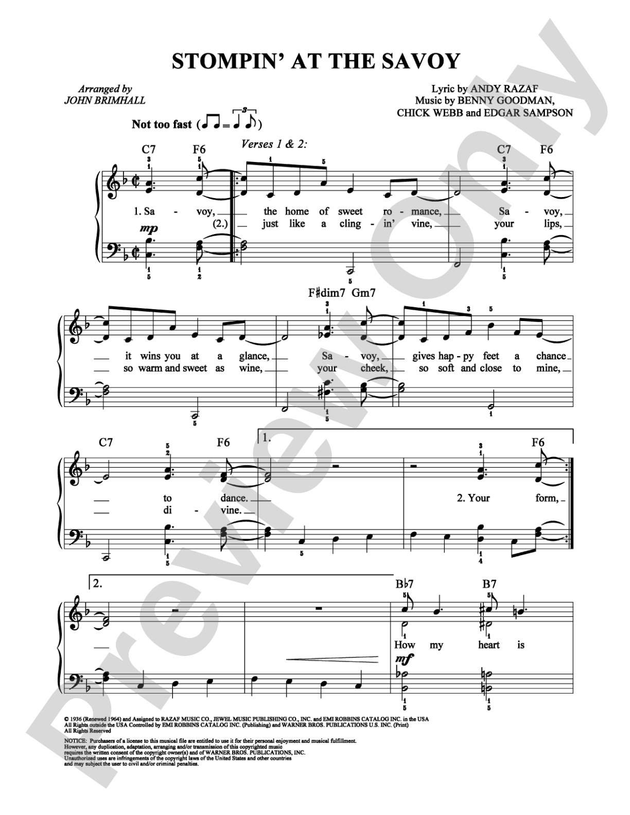 Stompin' at the Savoy: Easy Piano Digital Sheet Music