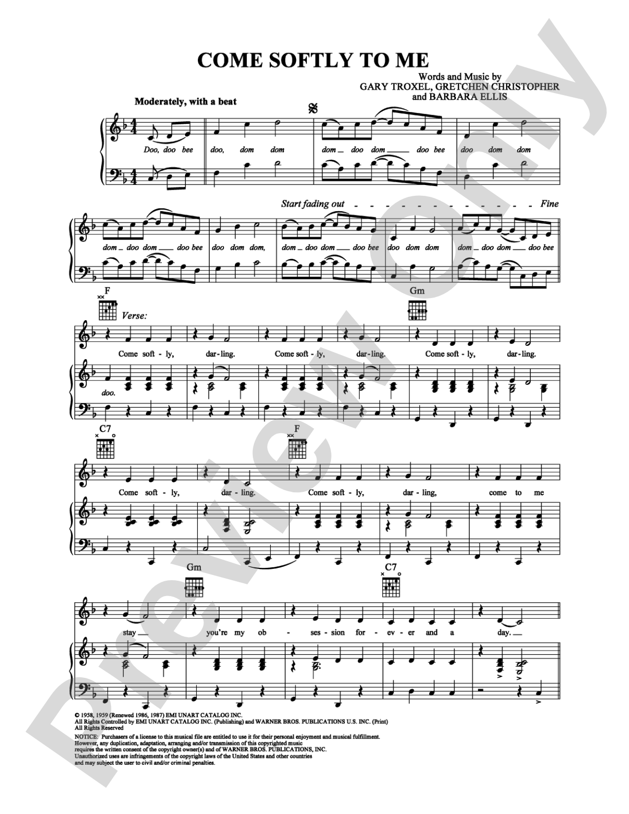 Come Softly to Me: Piano/Vocal/Chords Digital Sheet Music