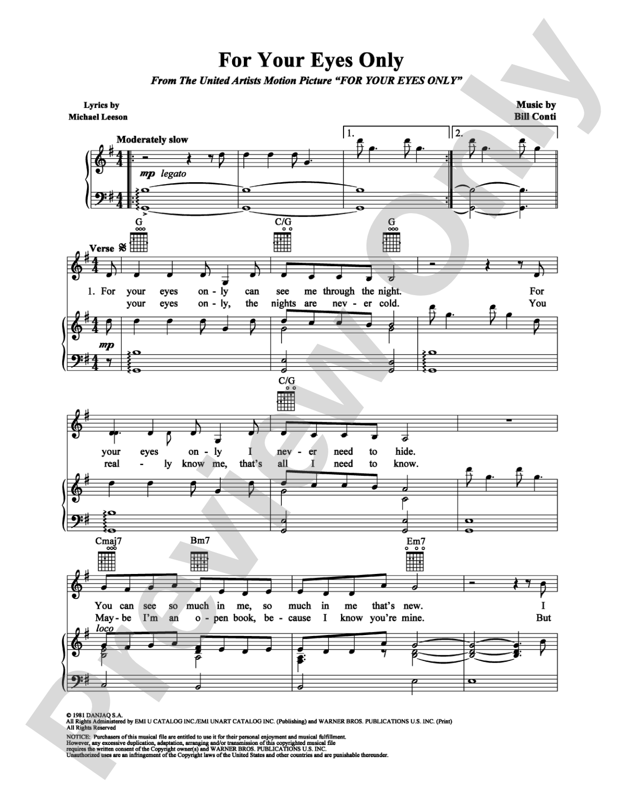 For Your Eyes Only: Piano/Vocal/Chords Digital Sheet Music