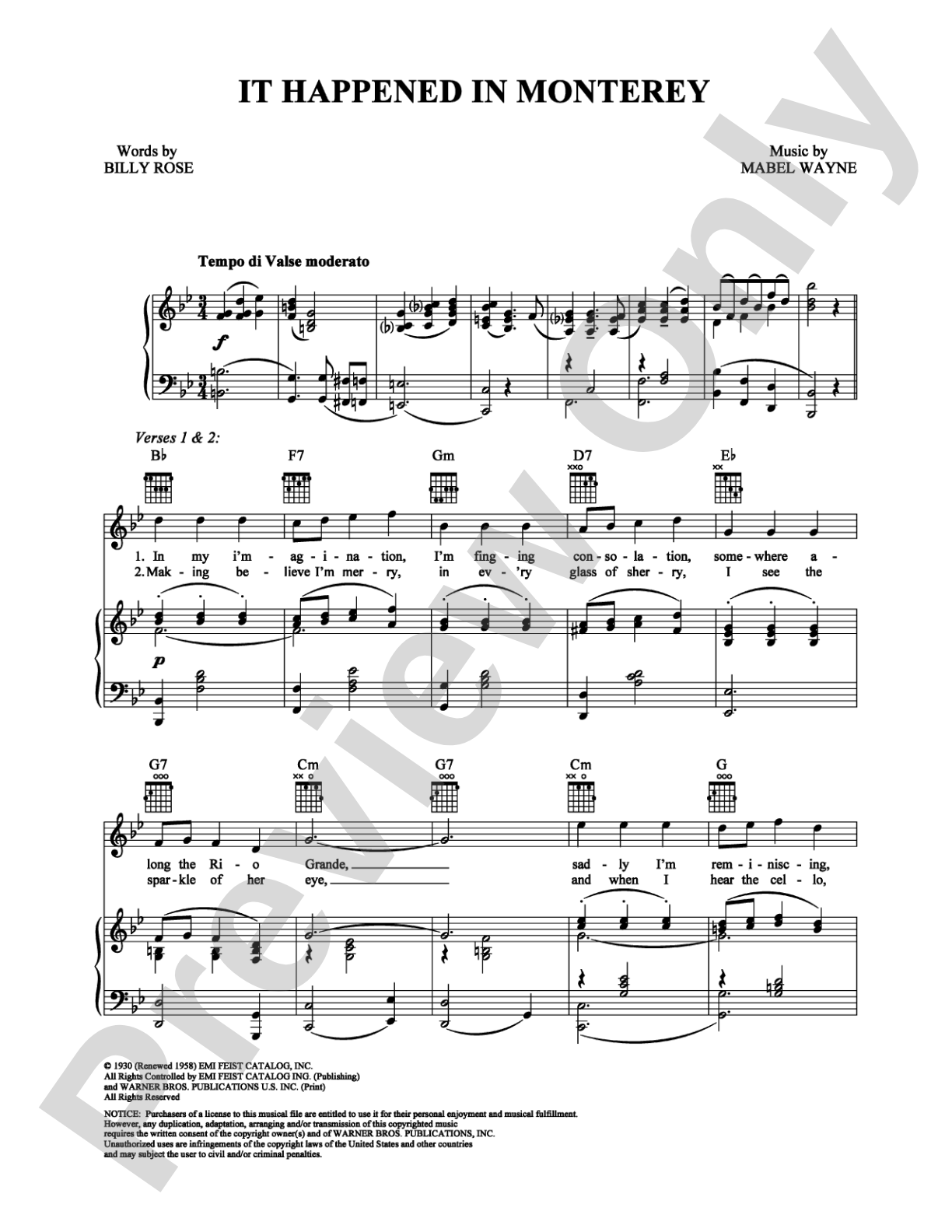 It Happened in Monterey: Piano/Vocal/Chords Digital Sheet Music