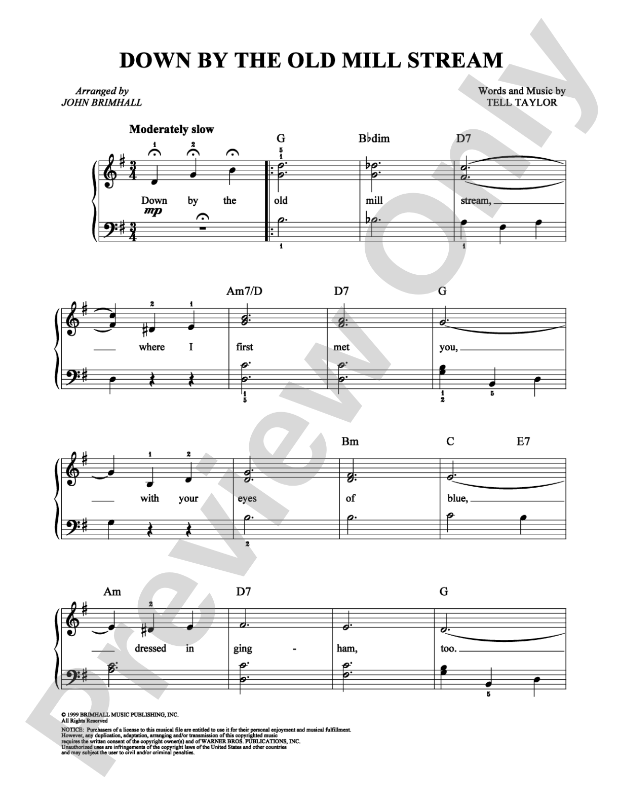 Down By The Old Mill Stream: Easy Piano Digital Sheet Music