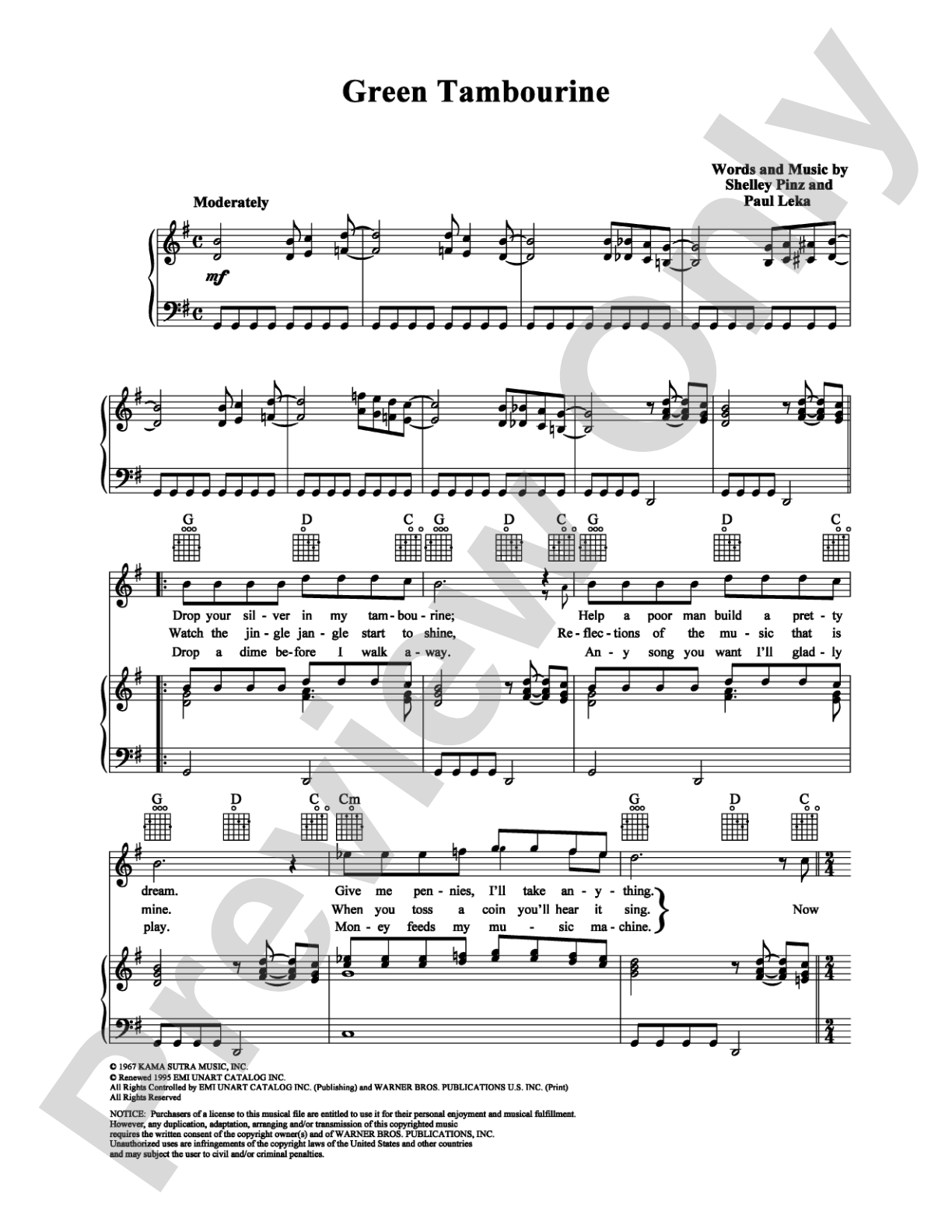 Green Tambourine: Piano/Vocal/Chords Digital Sheet Music