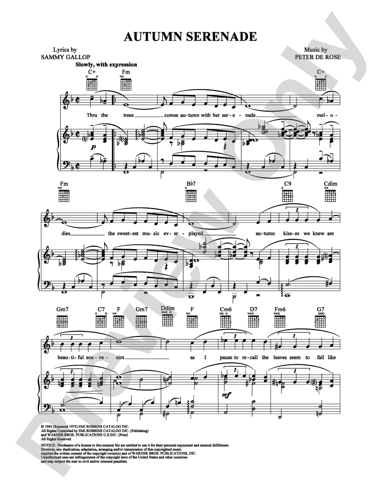 Autumn Serenade: Piano/Vocal/Chords Digital Sheet Music