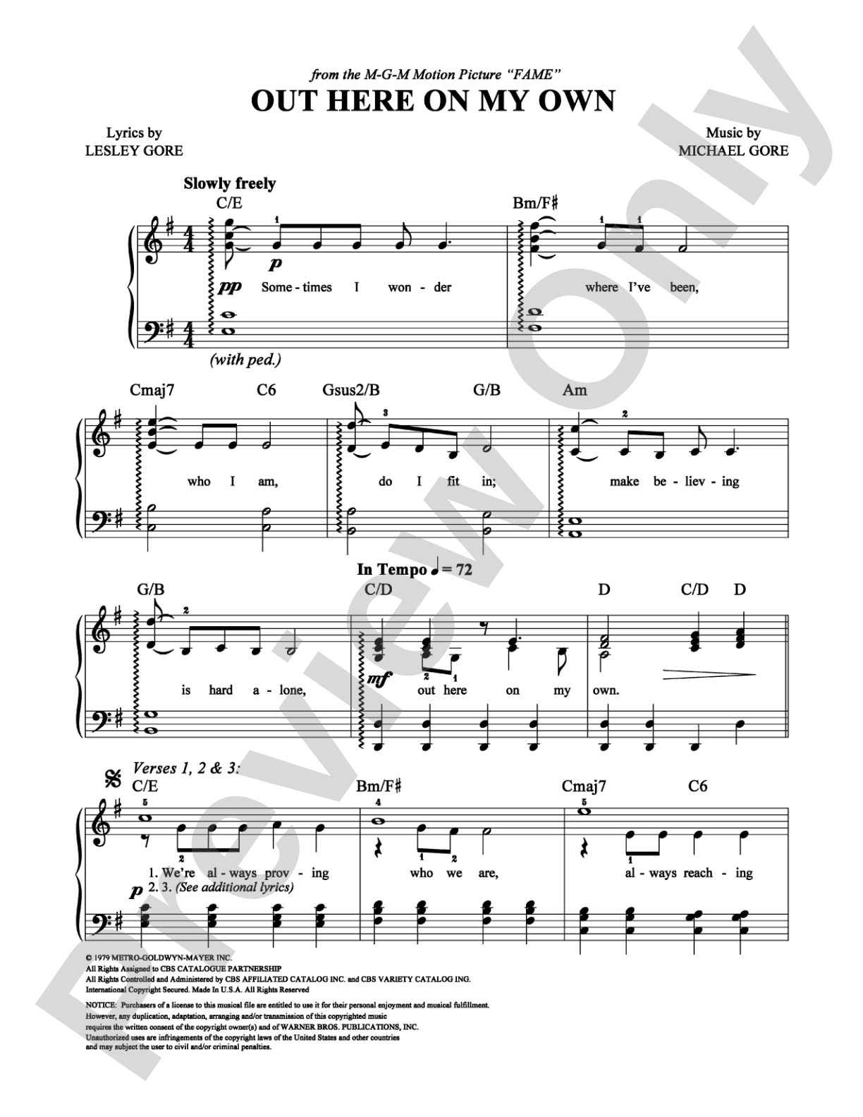 Out Here on My Own: Easy Piano Digital Sheet Music