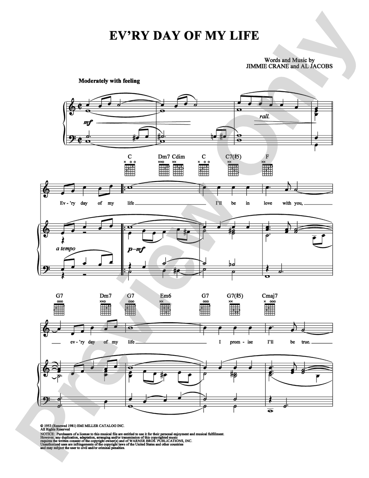 Ev'ry Day of My Life: Piano/Vocal/Chords Digital Sheet Music