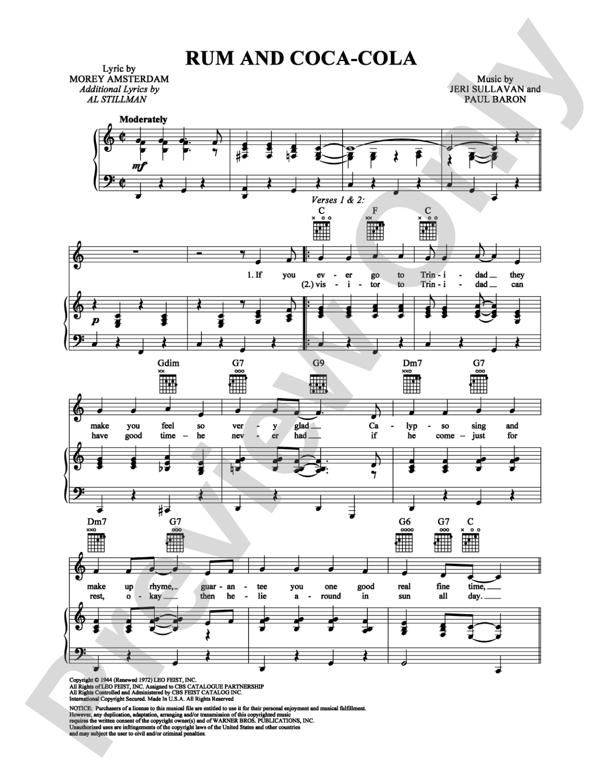 Rum and Coca-Cola: Piano/Vocal/Chords Digital Sheet Music