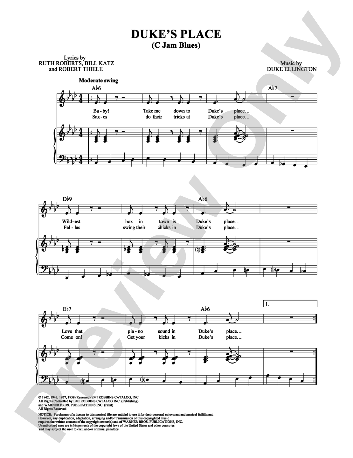 Duke's Place (C Jam Blues): Piano/Vocal/Chords Digital Sheet Music