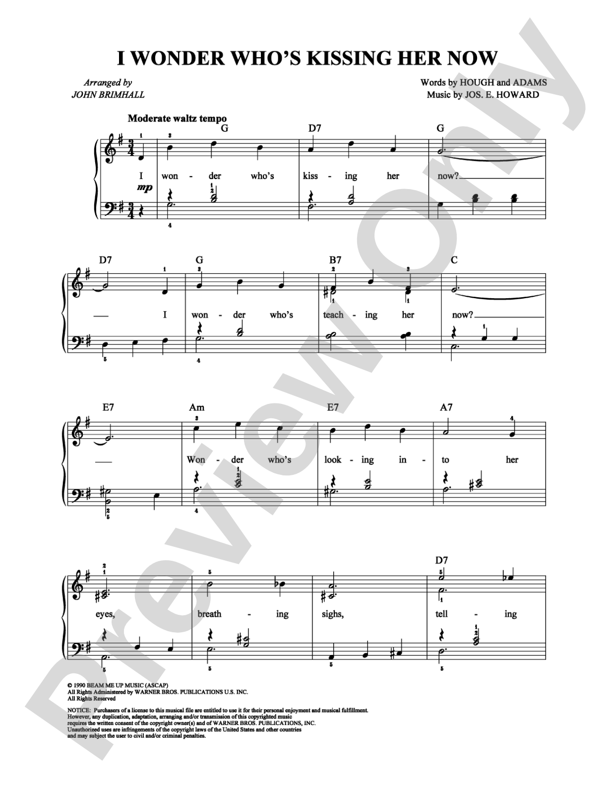 I Wonder Who's Kissing Her Now: Easy Piano Digital Sheet Music
