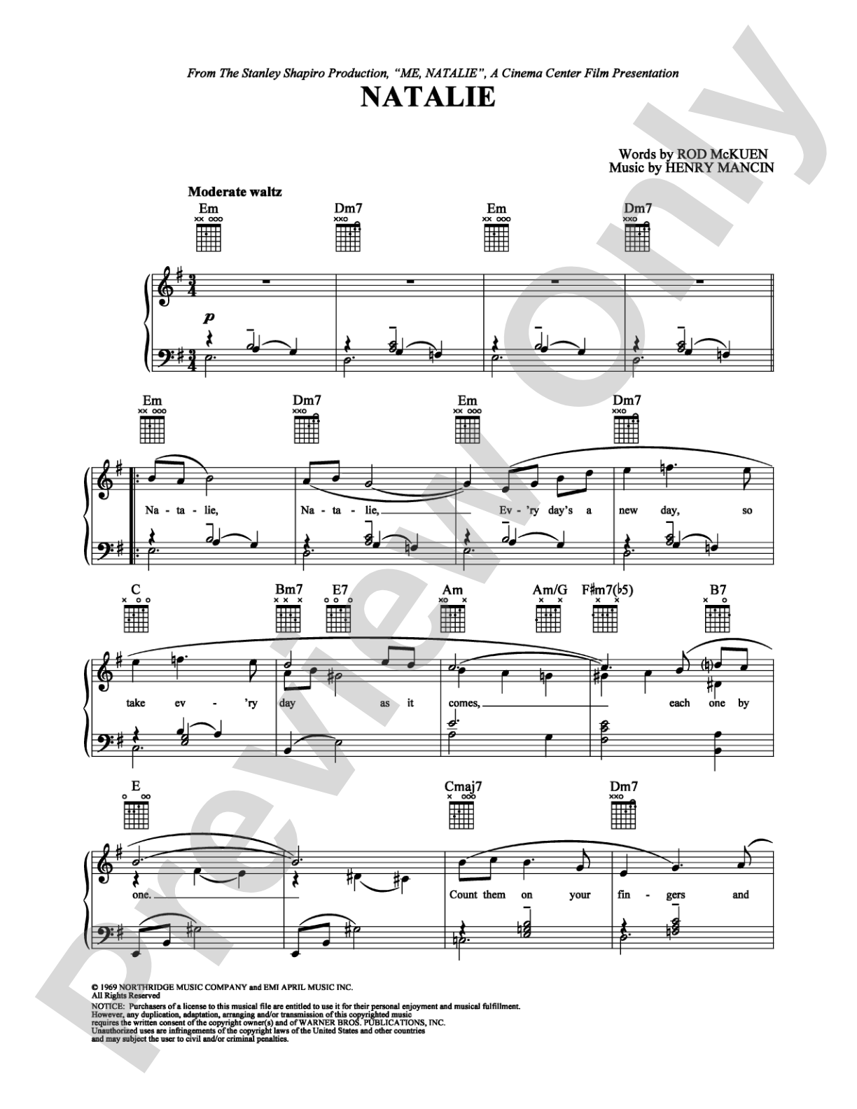 Natalie: Piano/Vocal/Chords Digital Sheet Music