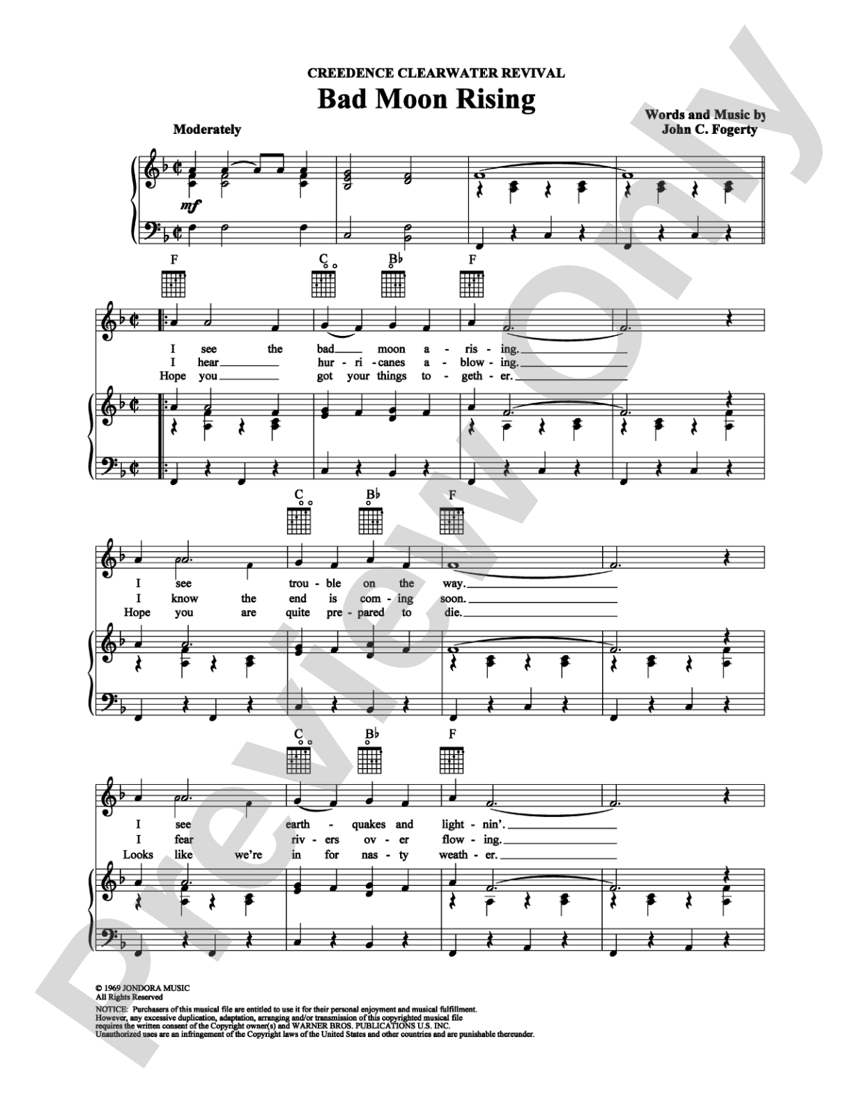 Bad Moon Rising: Piano/Vocal/Chords Digital Sheet Music