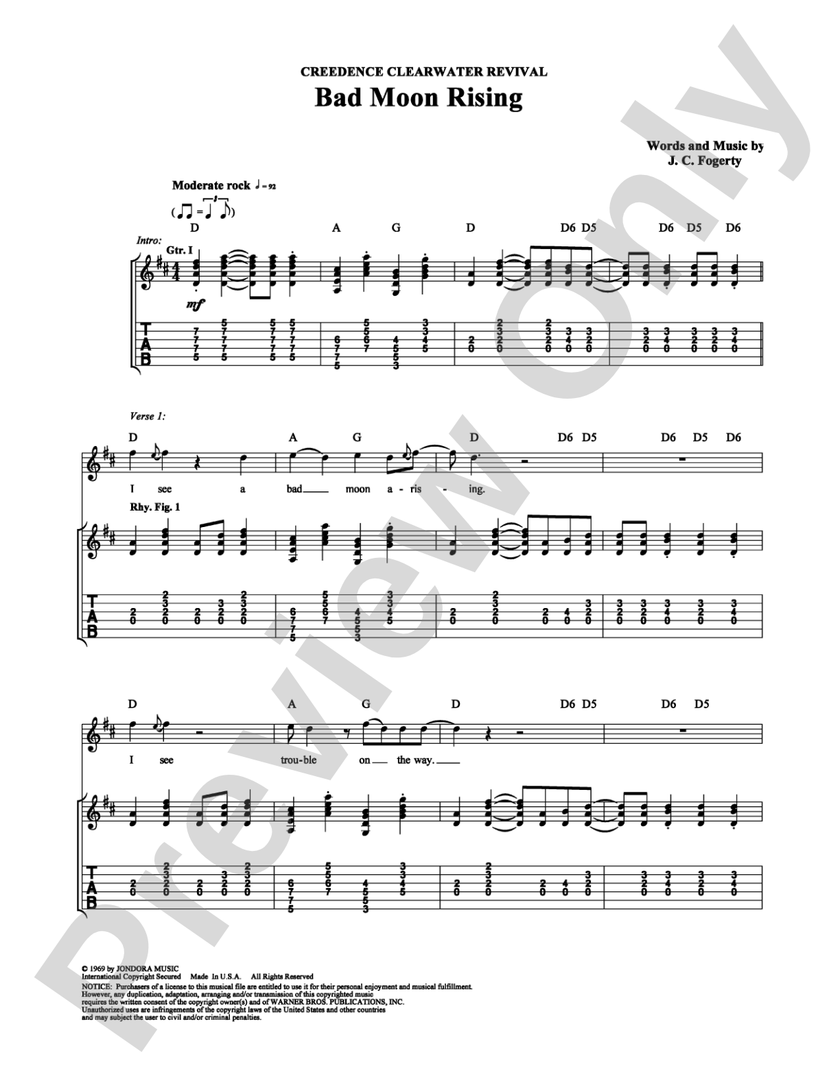 Bad Moon Rising: Guitar TAB Digital Sheet Music