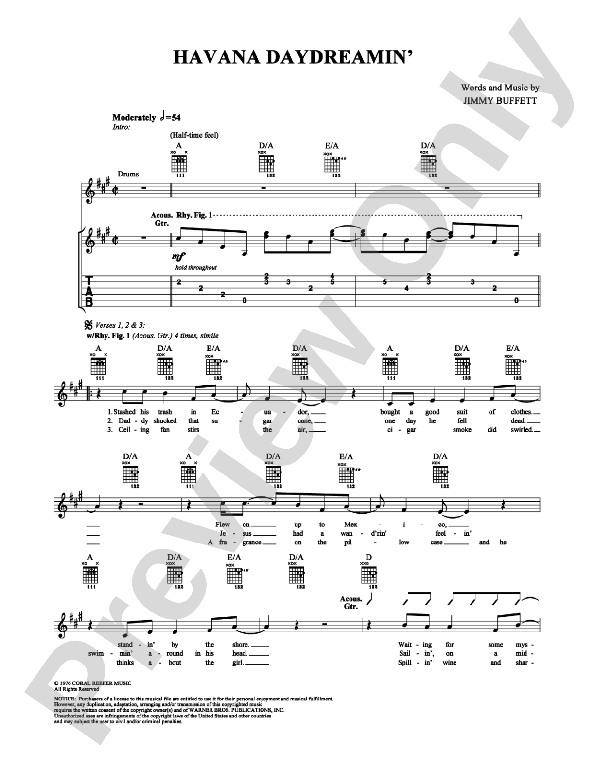 Havana Daydreamin': Guitar TAB Digital Sheet Music