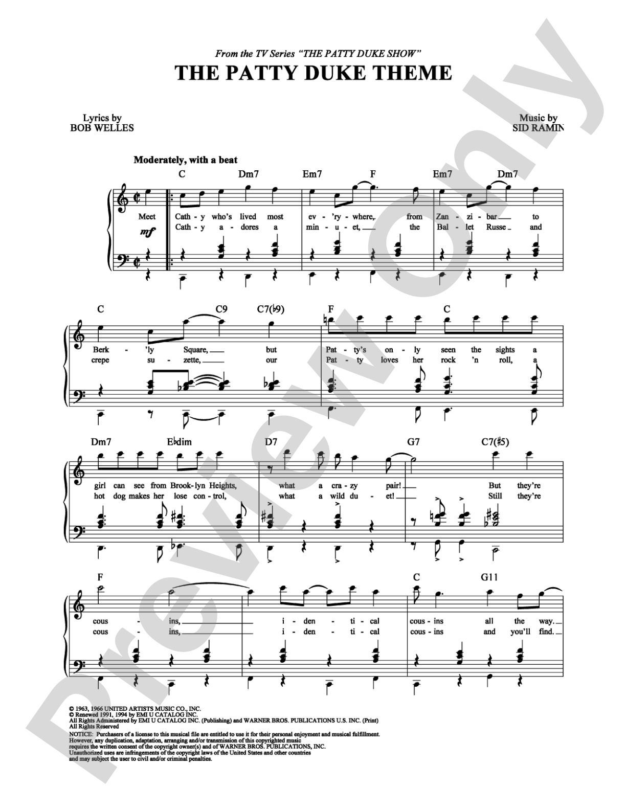 The Patty Duke Theme: Piano/Vocal/Chords Digital Sheet Music