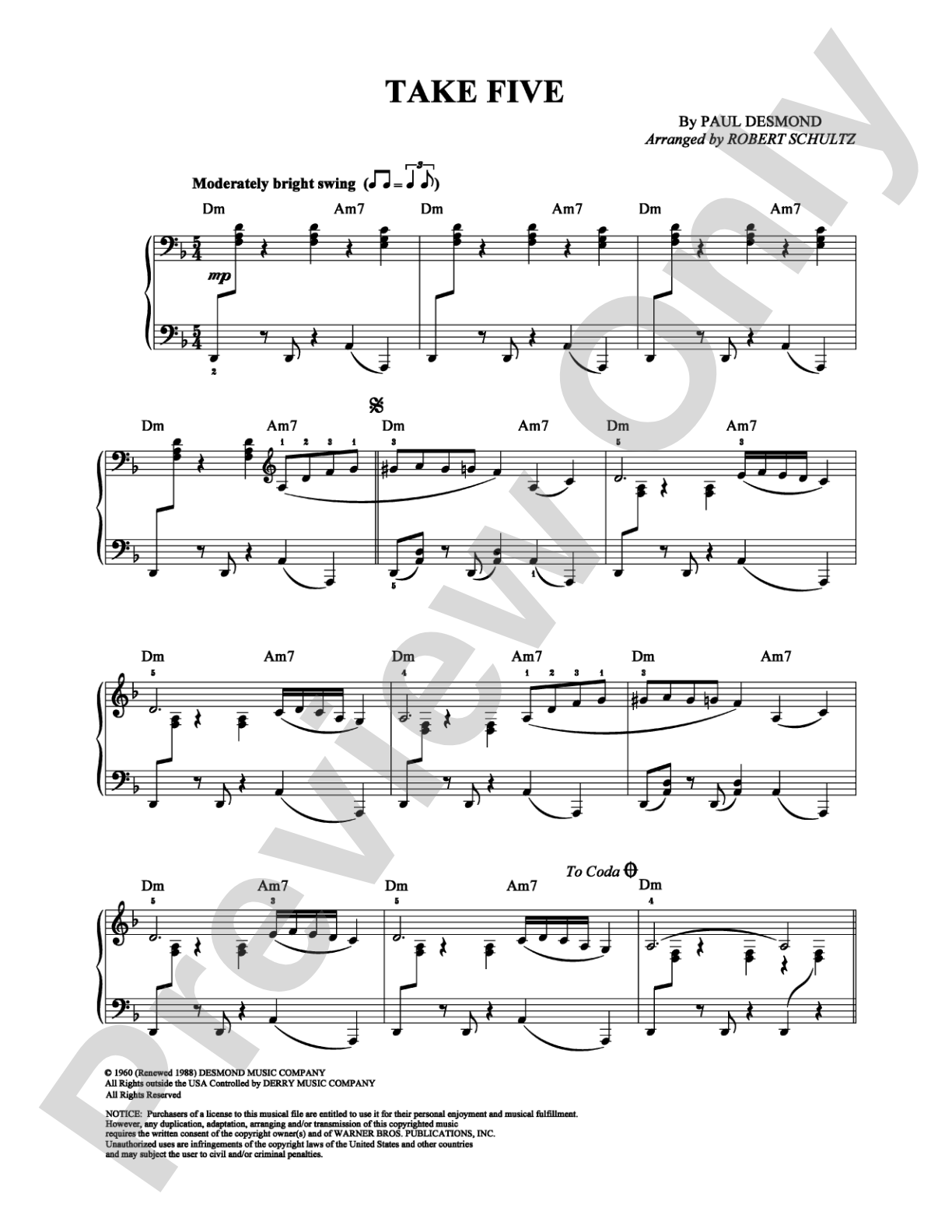 Take Five: Piano Digital Sheet Music
