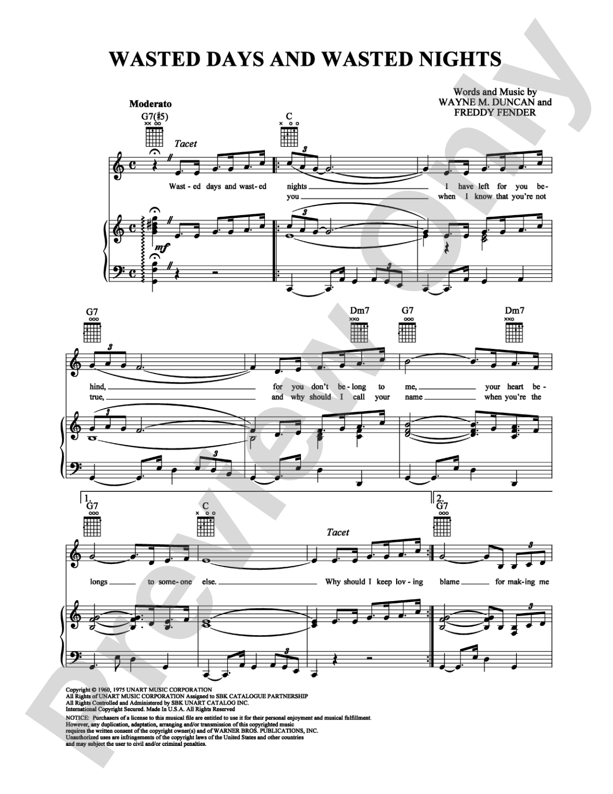 Wasted Days and Wasted Nights: Piano/Vocal/Chords Digital Sheet Music