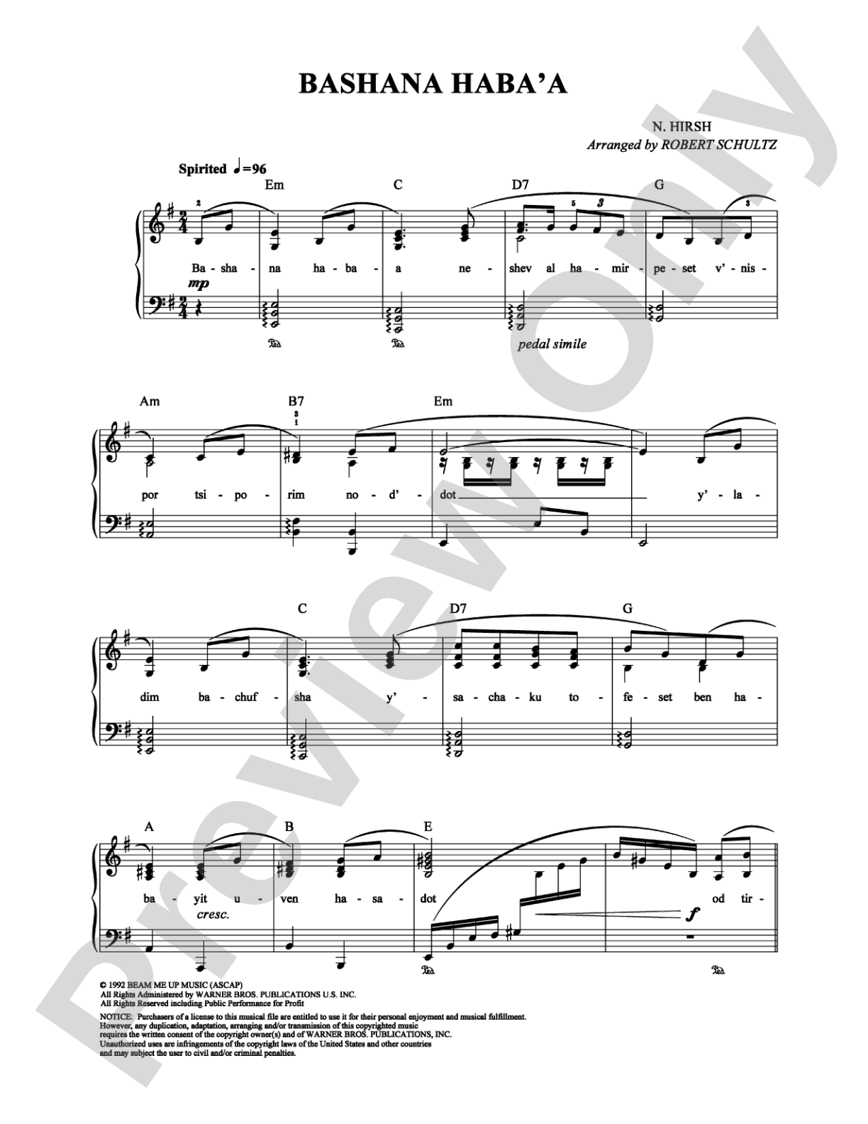 Bashana Haba'a: Piano/Vocal/Chords Digital Sheet Music