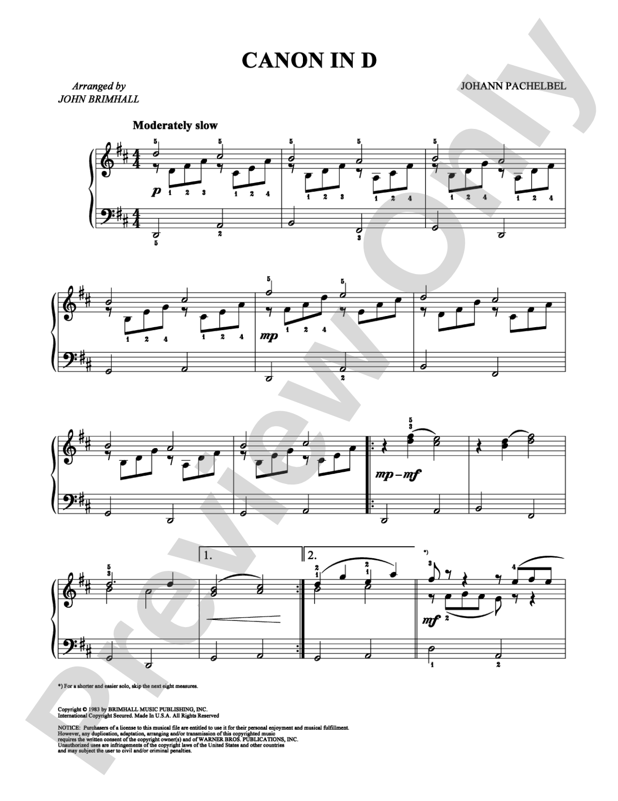 Canon in D: Piano Digital Sheet Music