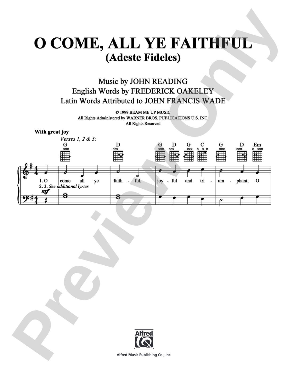 O Come, All Ye Faithful: Piano/Vocal/Chords Digital Sheet Music