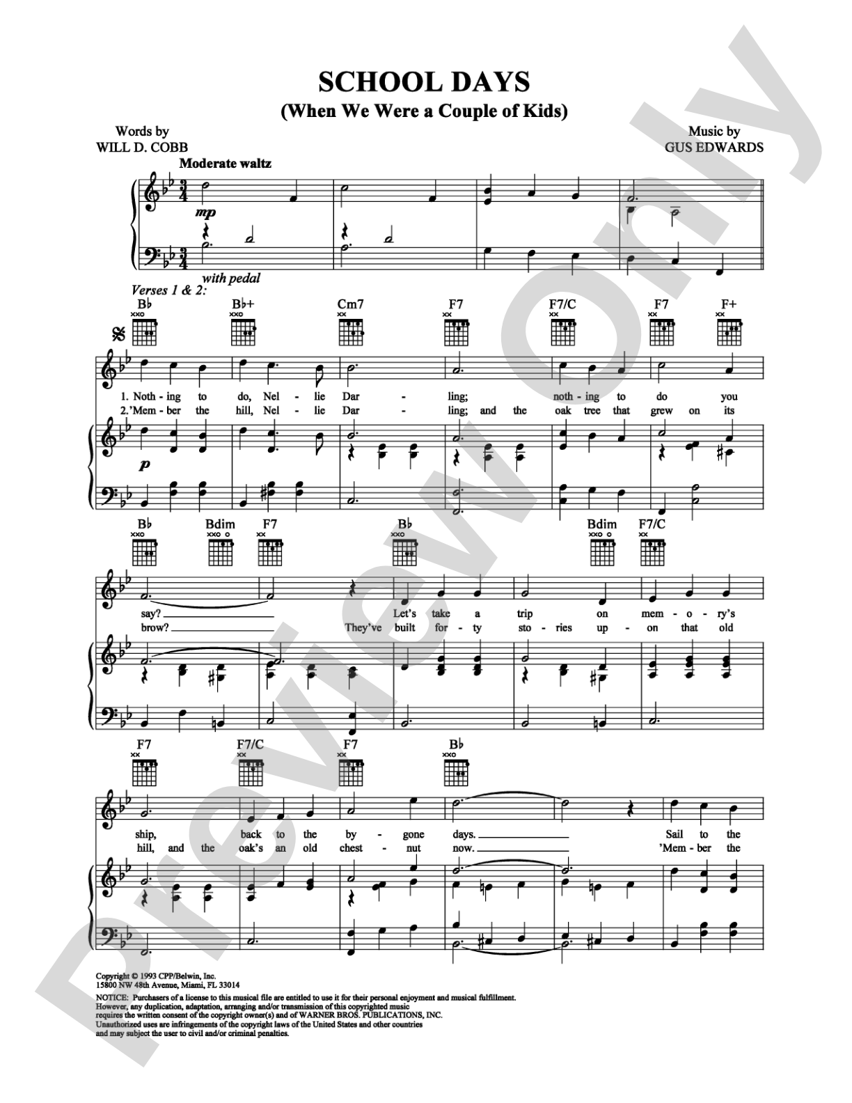 School Days (When We Were a Couple of Kids): Piano/Vocal/Chords Digital Sheet Music