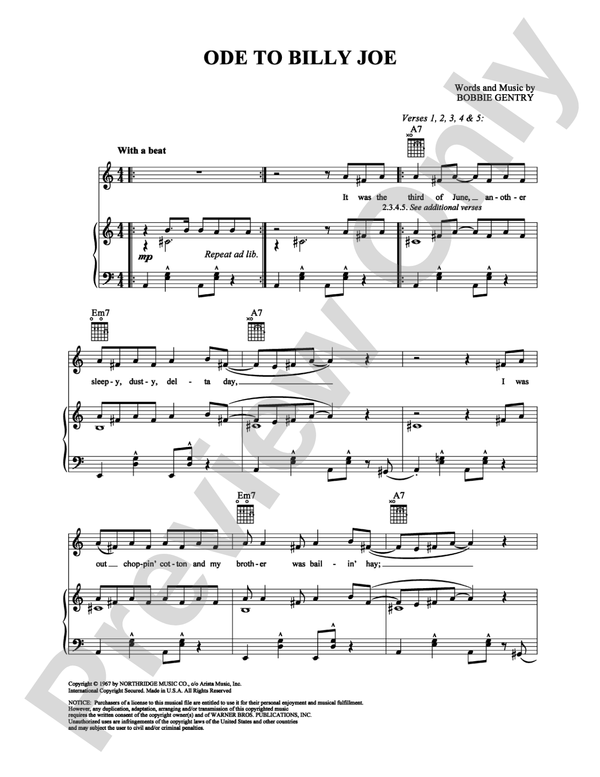 Ode To Billy Joe: Piano/Vocal/Chords Digital Sheet Music