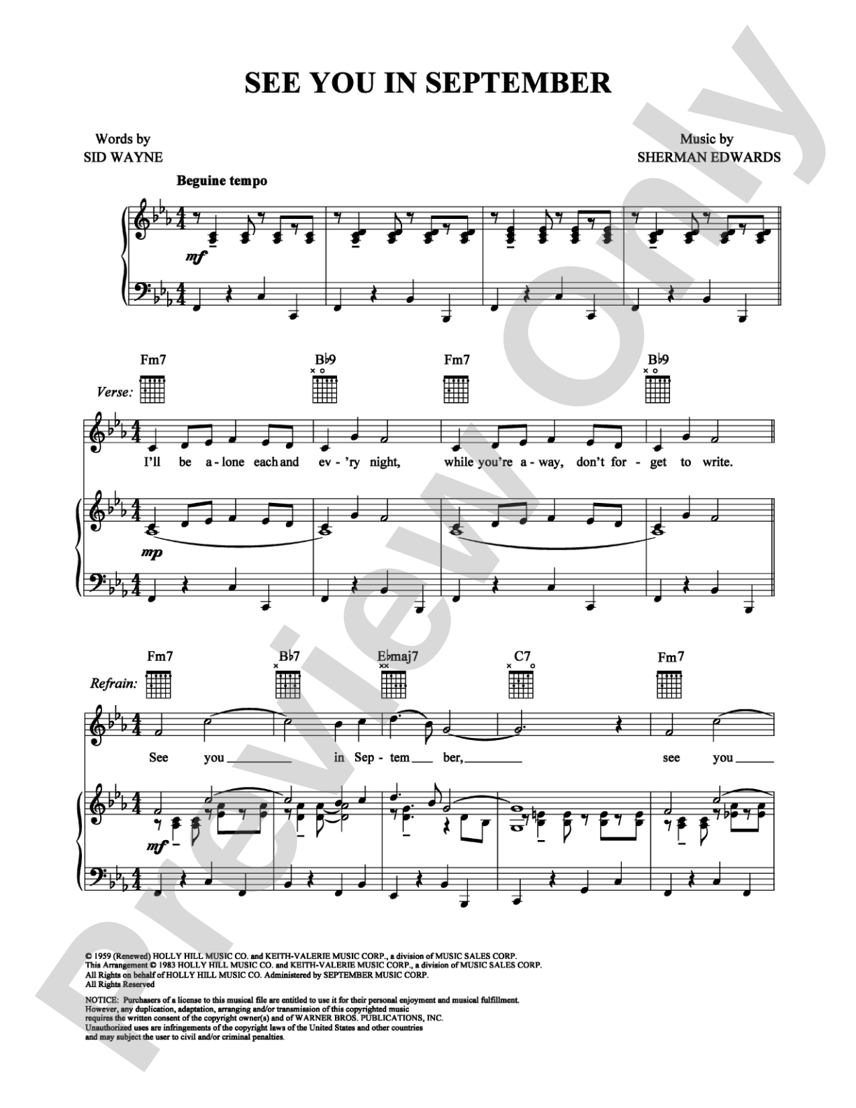 See You in September: Piano/Vocal/Chords Digital Sheet Music