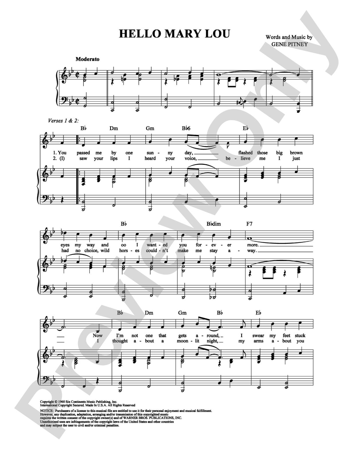 Hello Mary Lou: Piano/Vocal/Chords Digital Sheet Music