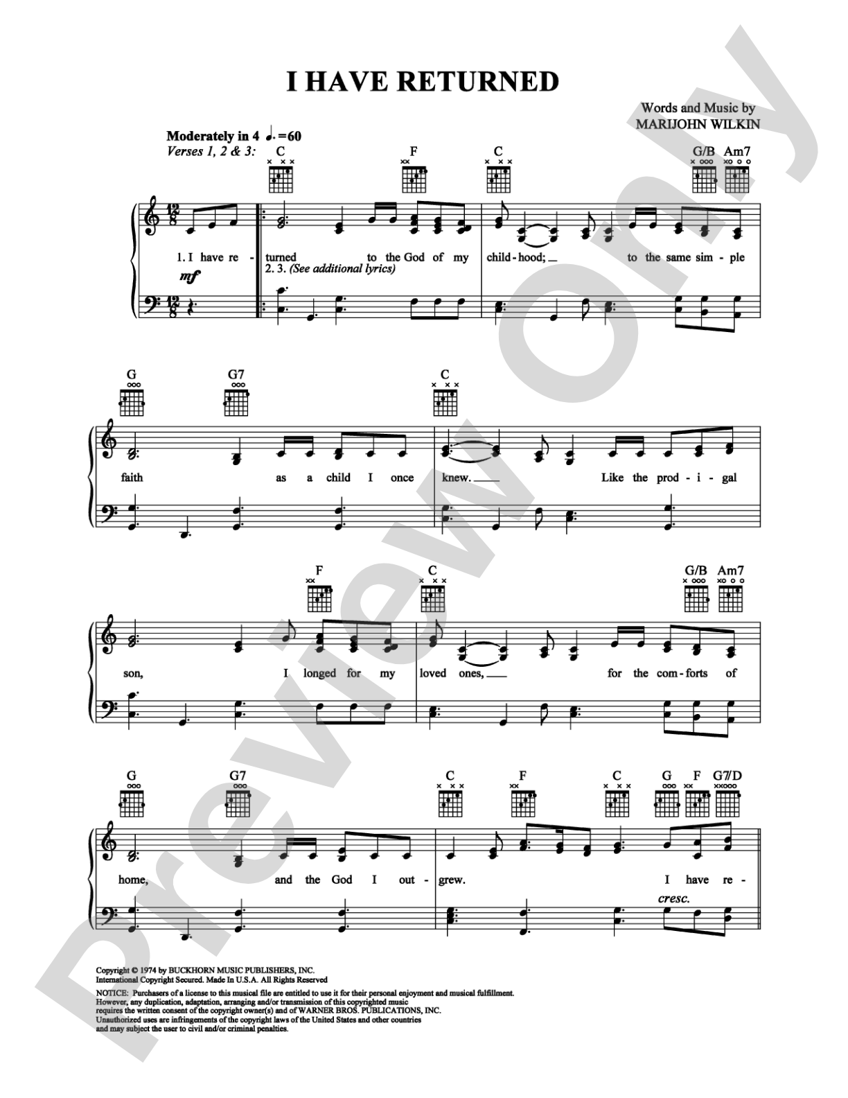 I Have Returned: Piano/Vocal/Chords Digital Sheet Music