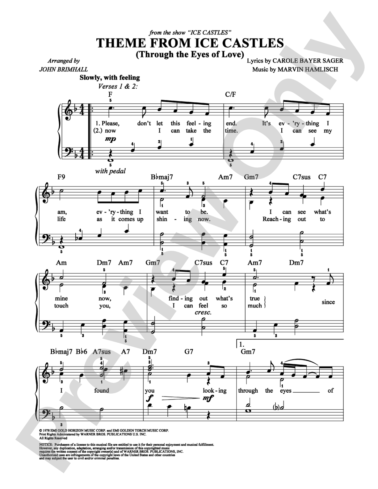 Theme from Ice Castles (Through the Eyes of Love): Easy Piano Digital Sheet Music
