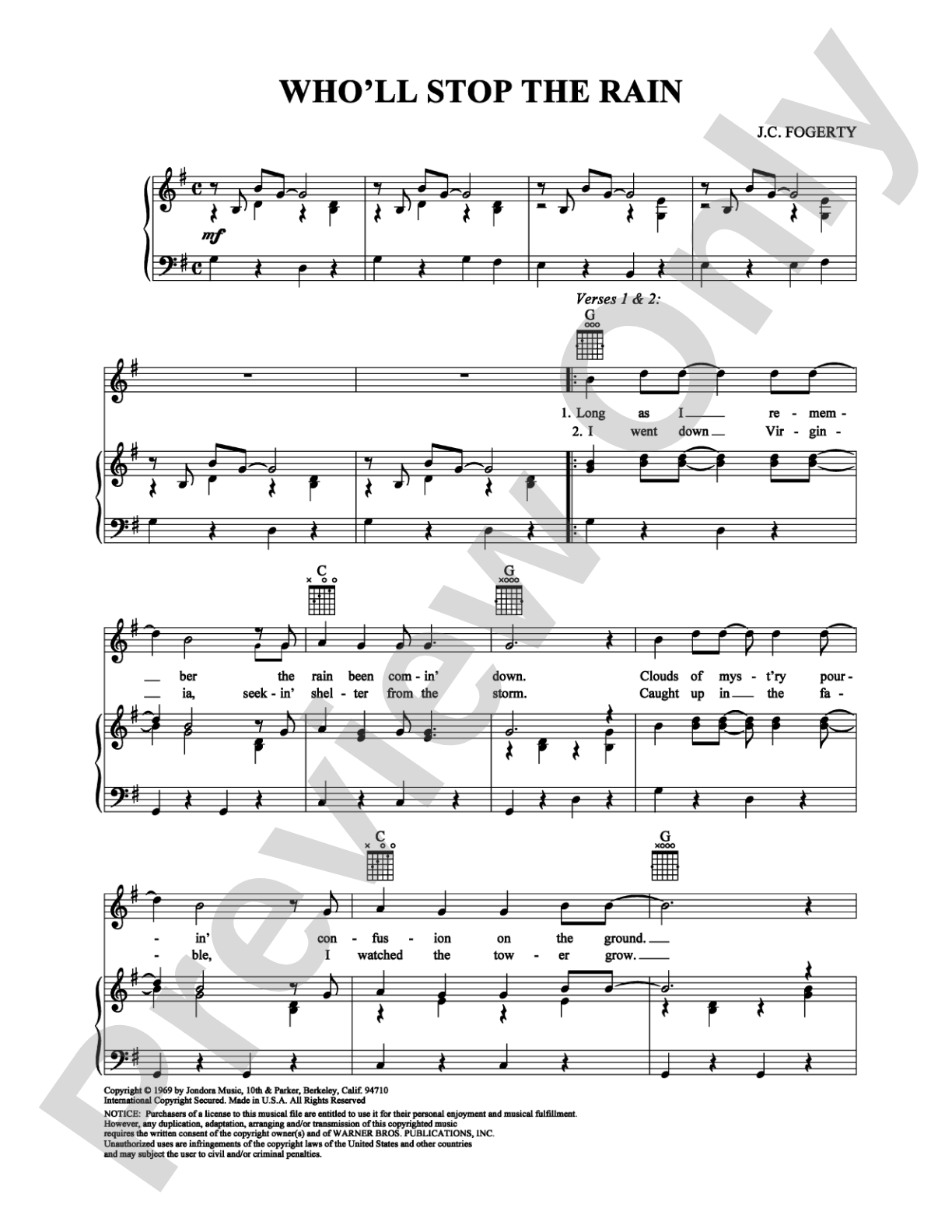 Who'll Stop the Rain?: Piano/Vocal/Chords Digital Sheet Music