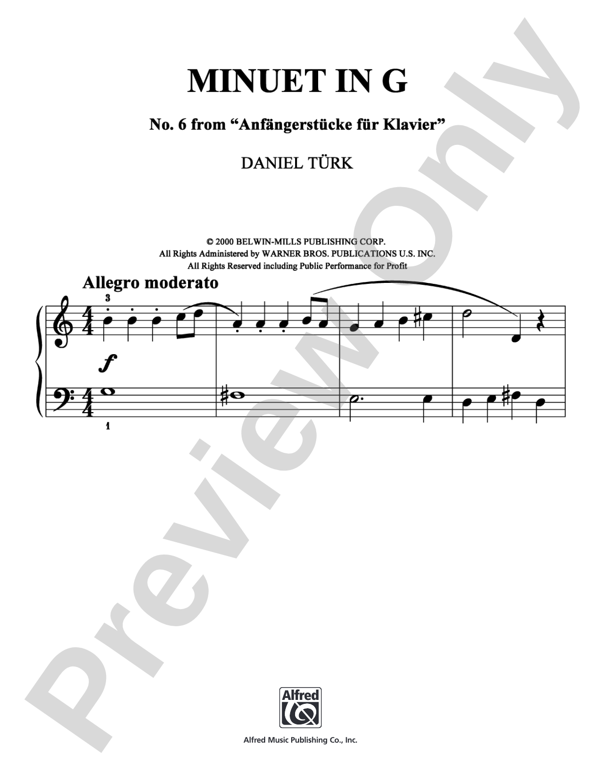 Minuet in G: Easy Piano Digital Sheet Music