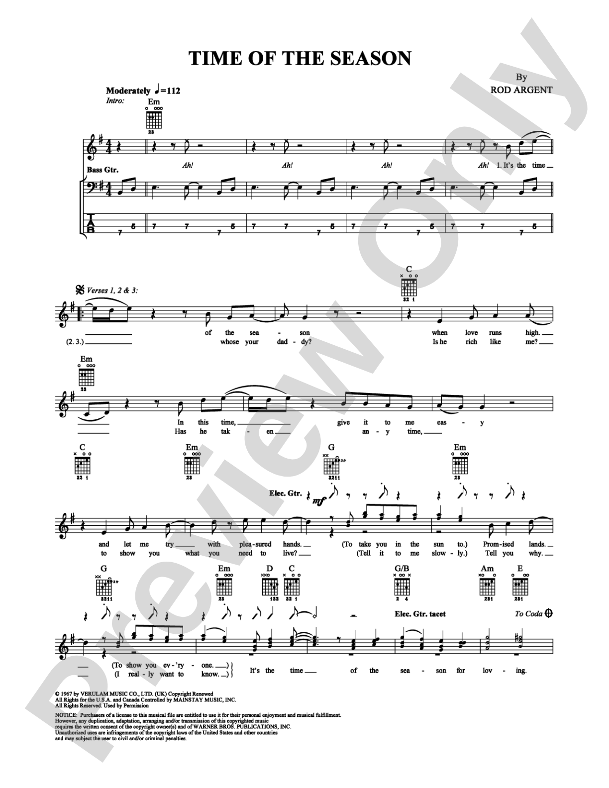 Time of the Season: Guitar TAB Digital Sheet Music