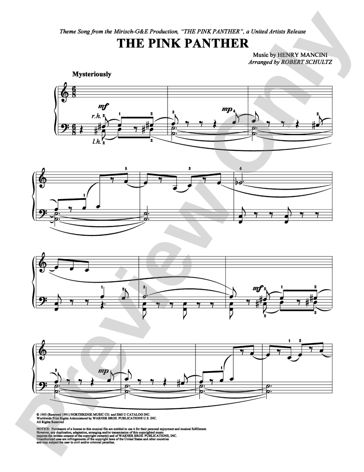 The Pink Panther: Easy Piano Digital Sheet Music
