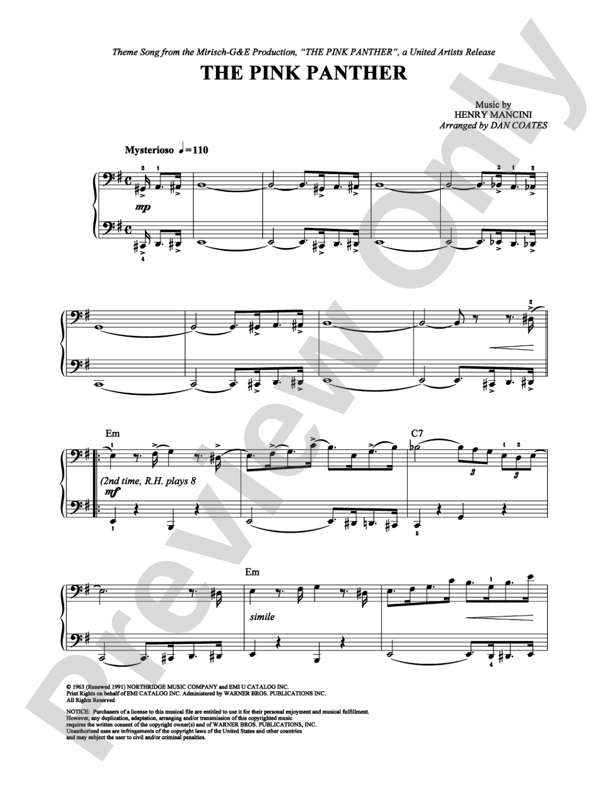 The Pink Panther: Easy Piano Digital Sheet Music