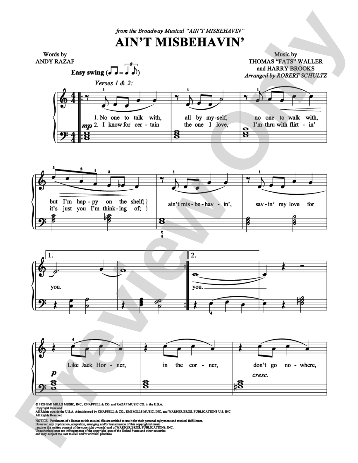 Ain't Misbehavin': Easy Piano Digital Sheet Music